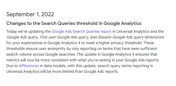 Changes to the Search Queries threshold in Google Analytics